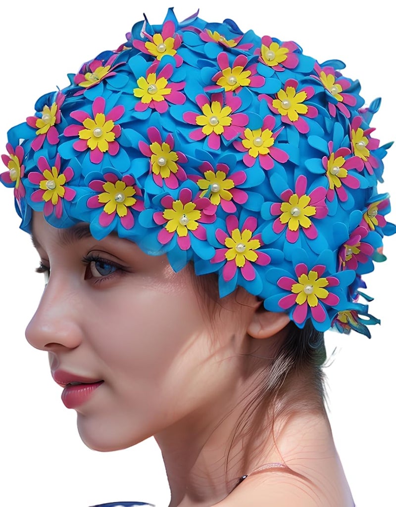 Medifier Swim Cap Floral Petal Retro Style Bathing Caps for Women Blue - Image 1